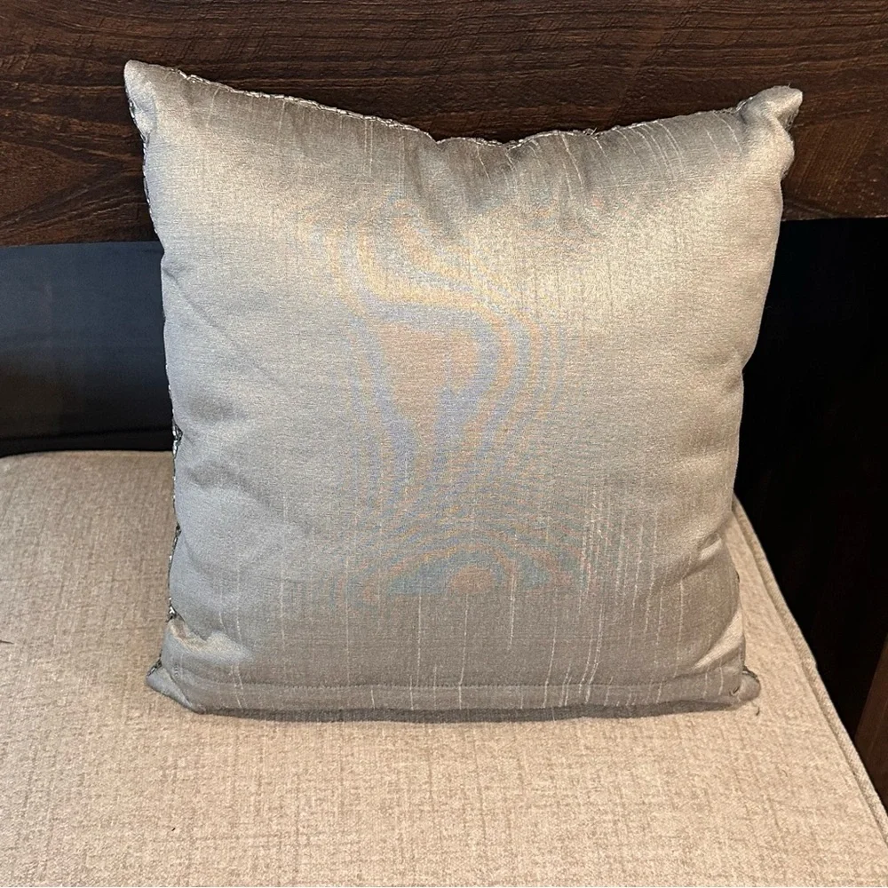 Silver Hand Beaded Silk Decorative Throw Pillow Modern 13 x 13 Square Zippered